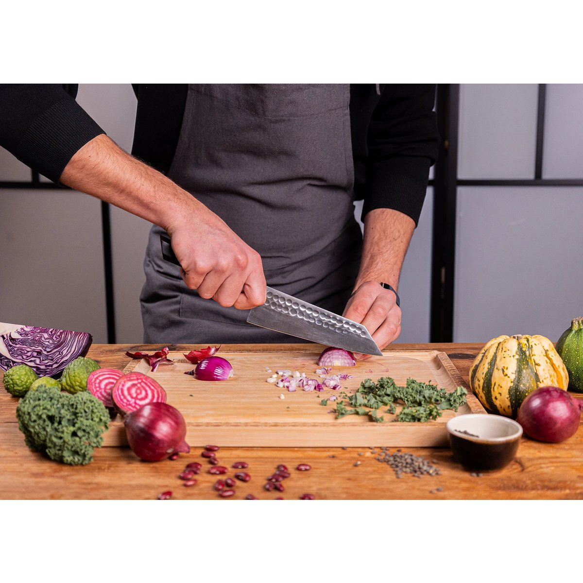 Bunka Santoku knife, 17 cm - ebony handle with sheath