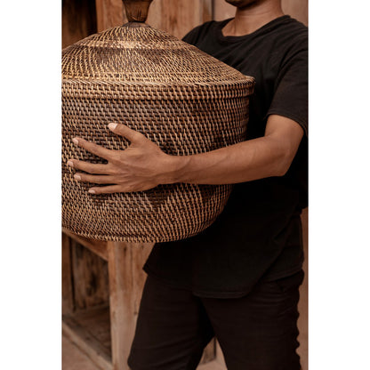 Rattan storage basket, round - natural brown, large