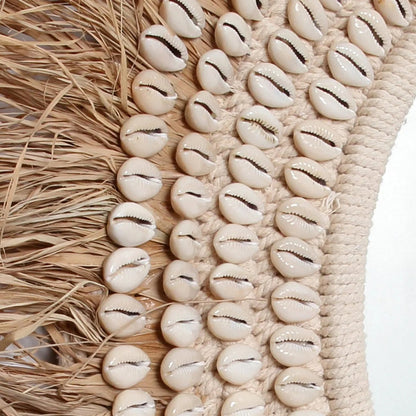 Wandspiegel aus Bast und Kaurischnecken, 75 cm – Beige und Braun