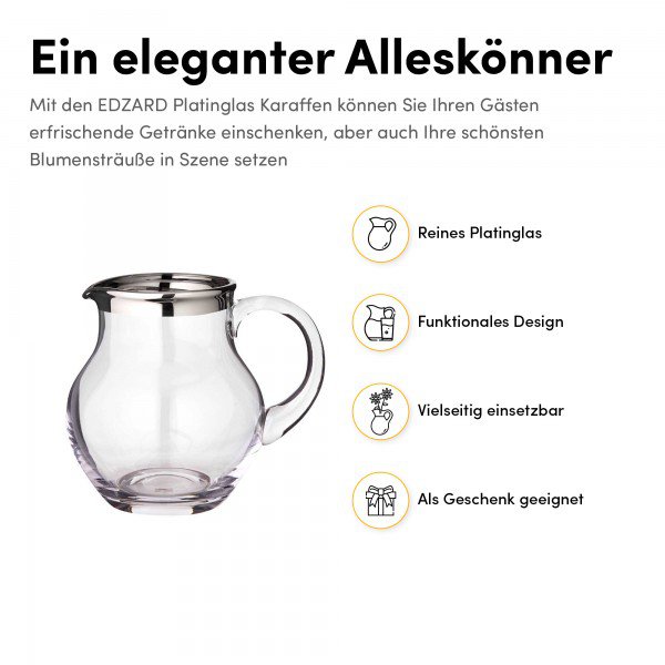 Hand-blown glass jug Olivia, 1.5L - platinum rim