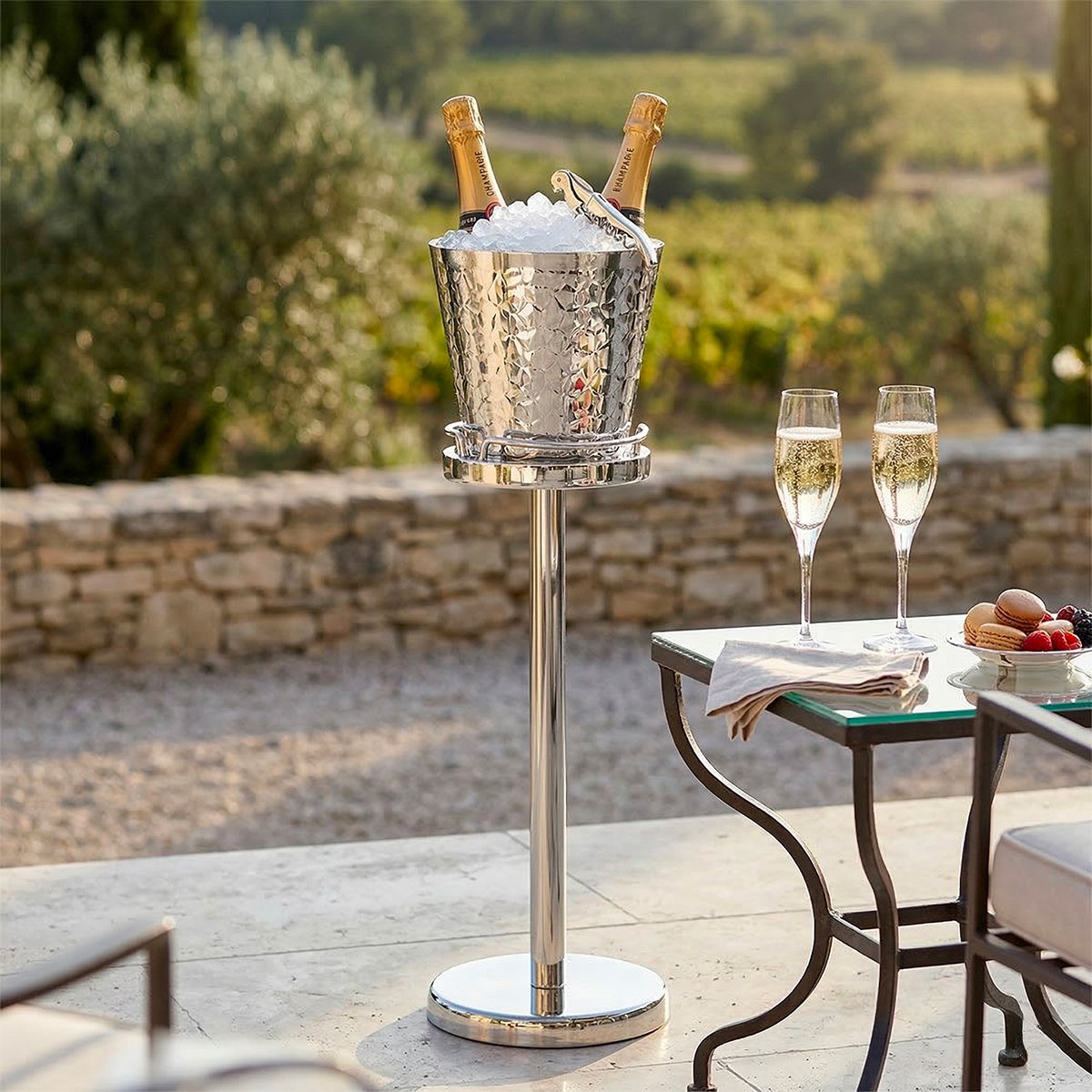 Black metal and glass champagne cooler on stand 23×23×80 cm