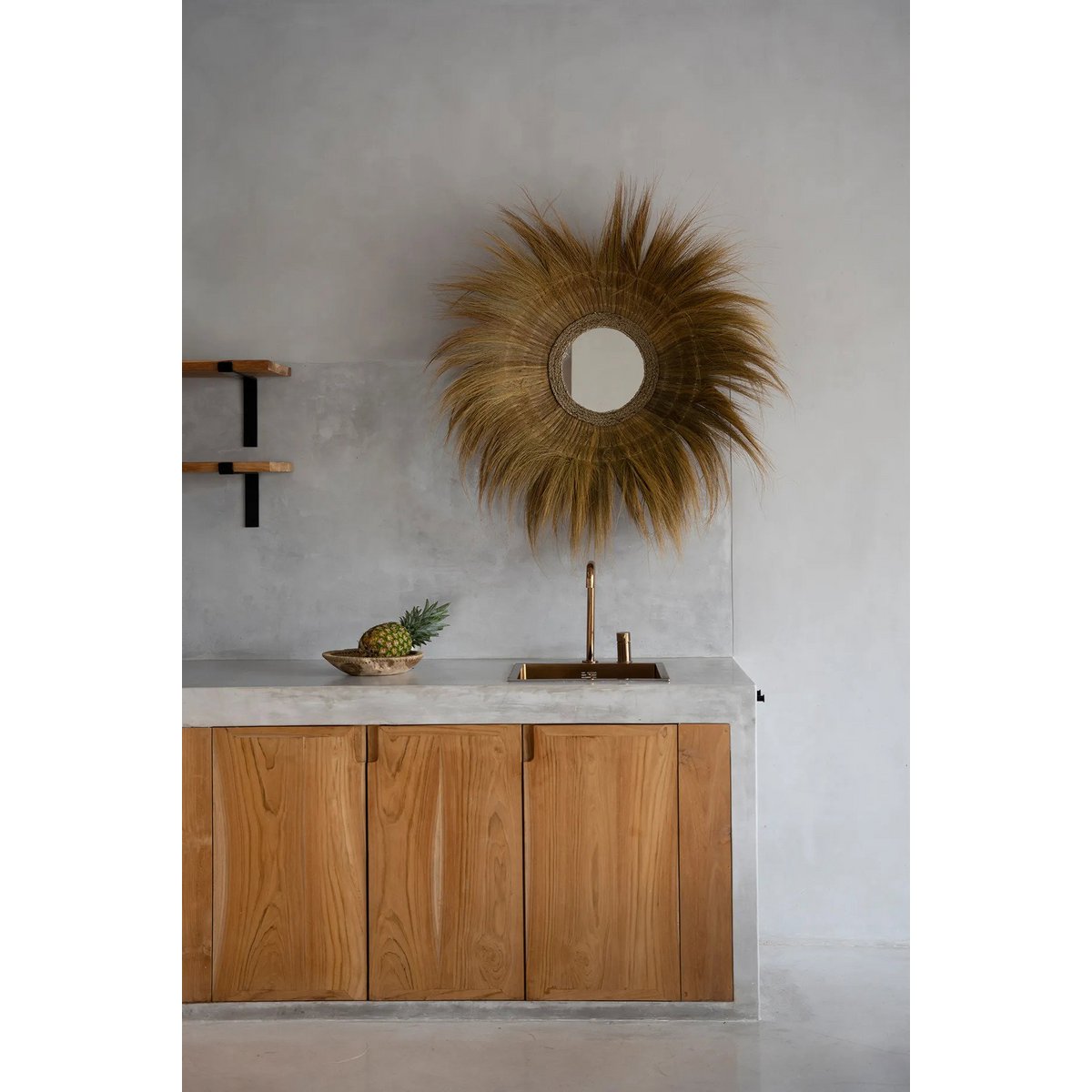 Glass mirror, grass frame, round, 90 cm - natural