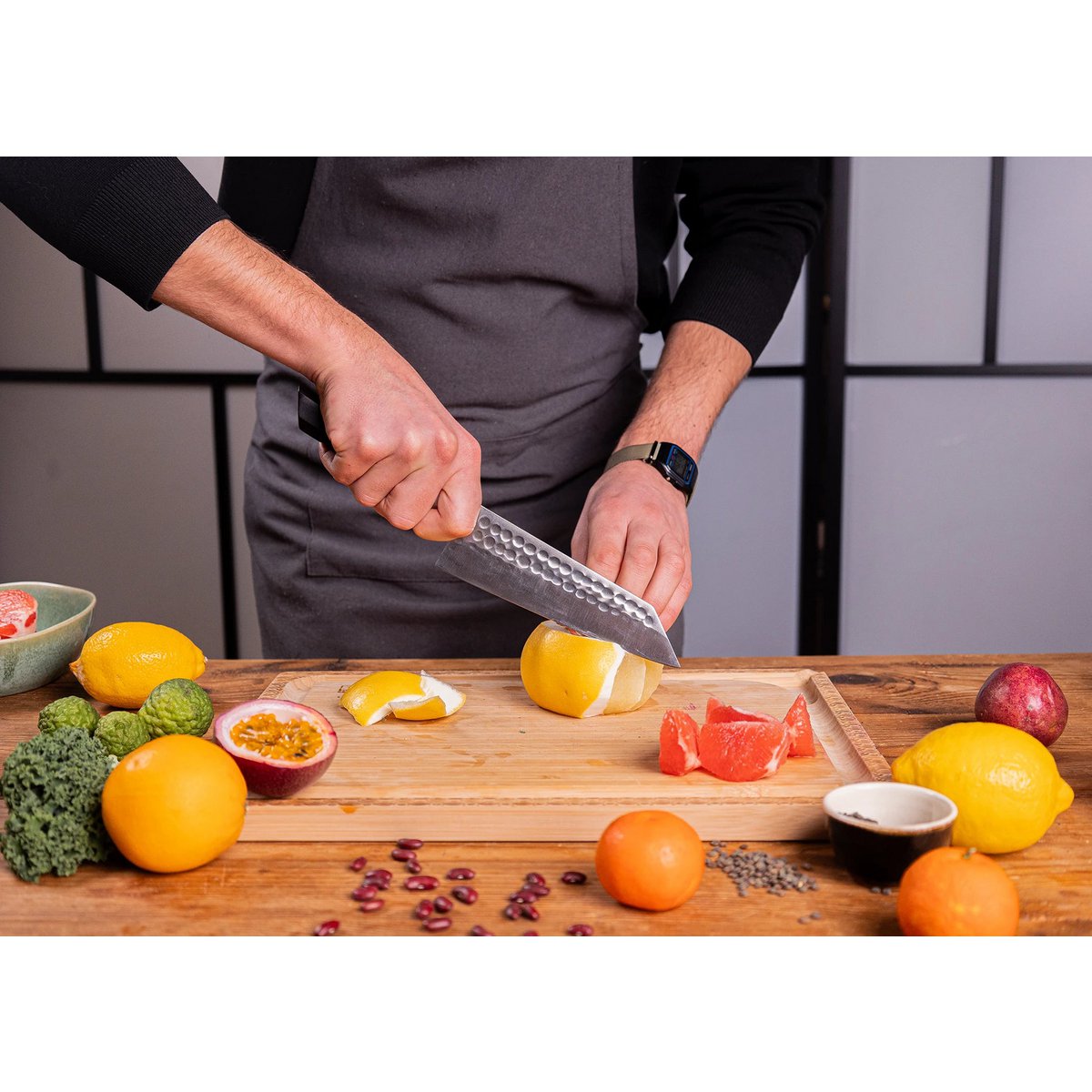 Bunka Santoku knife, 17 cm - ebony handle with sheath