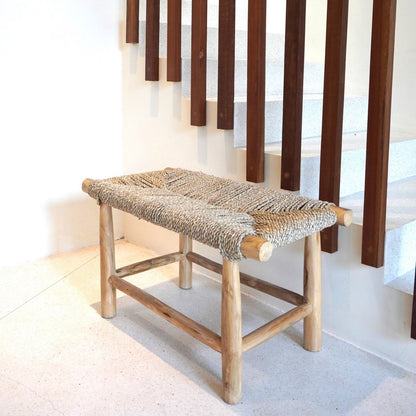 Solid wood bench Sungai beige - woven seagrass seat