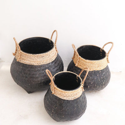 Handgewebter Korb aus Bambus und Jute 38 cm – Schwarz, S