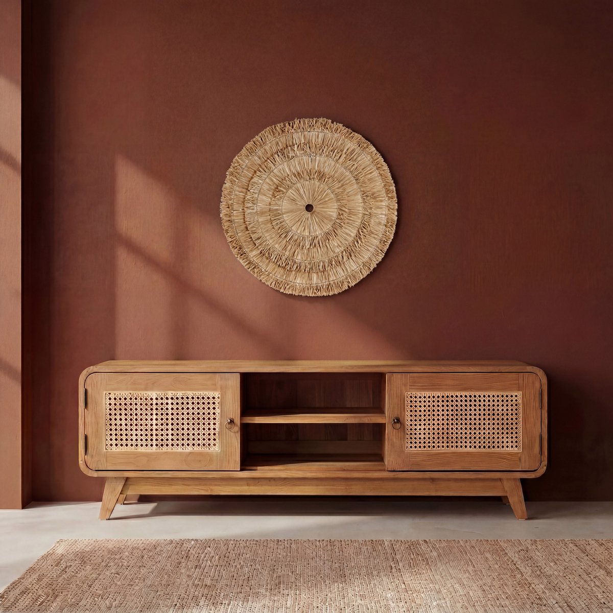 TV cabinet, teak and rattan - natural - 150 cm wide