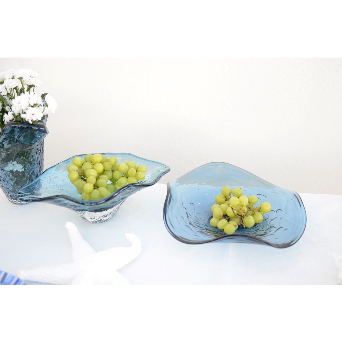 Blå dekorativ glasskål 33x18cm