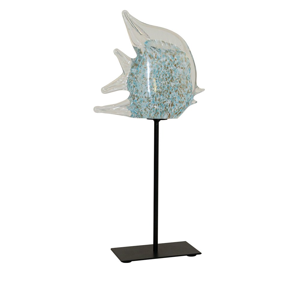 Blue glass fish on metal stand 36cm tall