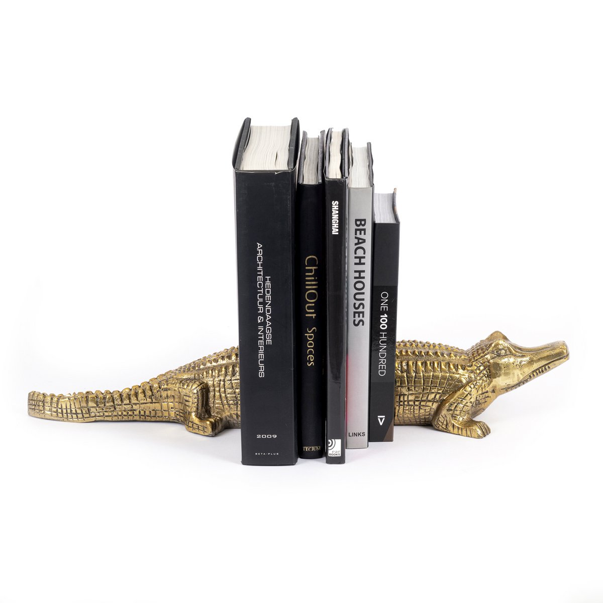 Krokodil-Buchstützen Messing, Aluminium Paar