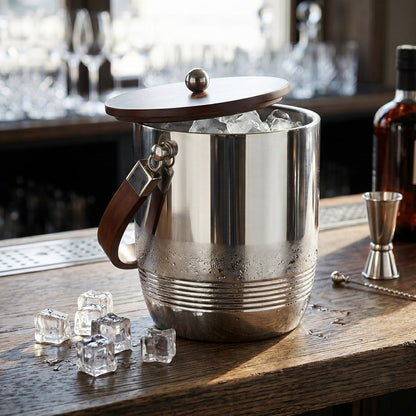 Wood and steel ice bucket, 19×19×24 cm - double-walled with cover