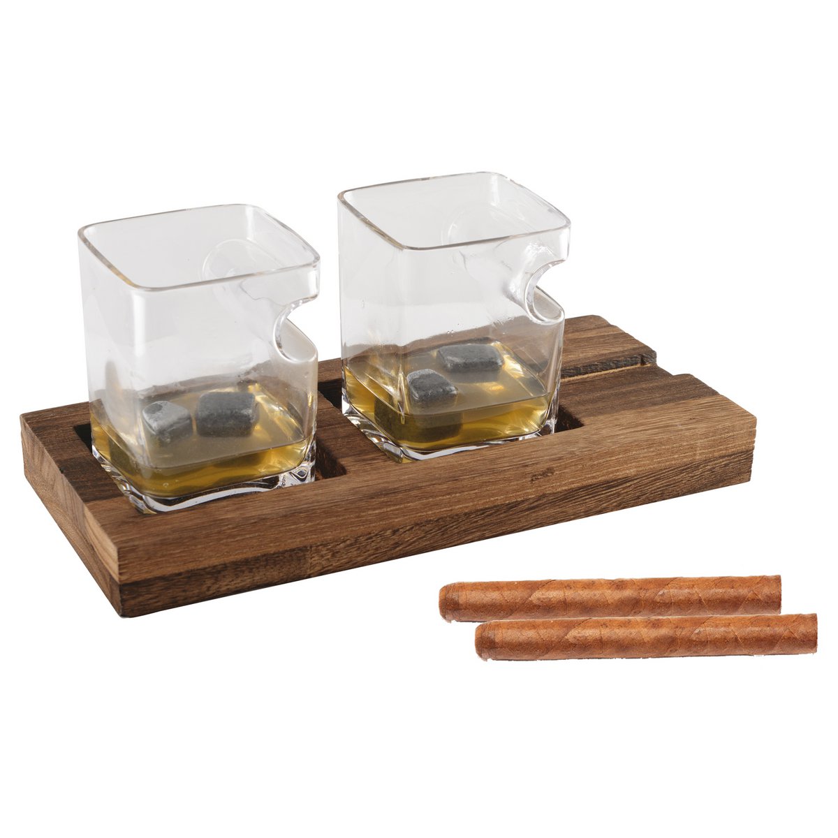 Glass whiskey set with wooden support and stone ice cubes