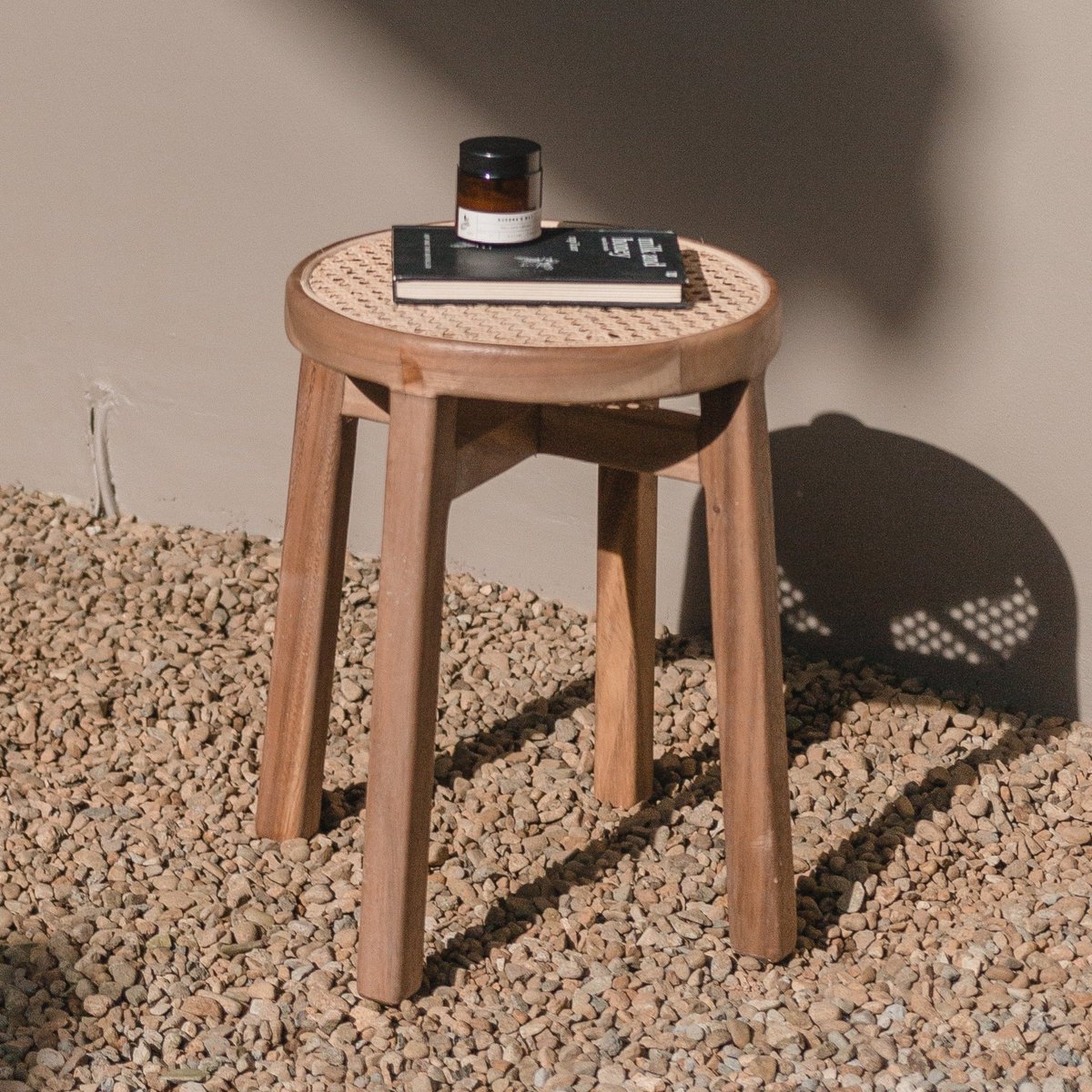 Trembesi & rattan stool CARAMIN Ø35 cm - woven seat