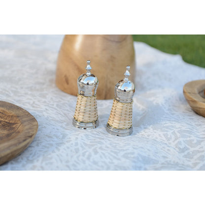 Beige wicker and steel salt and pepper set