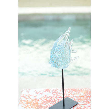 Blue glass fish on metal stand 36cm tall