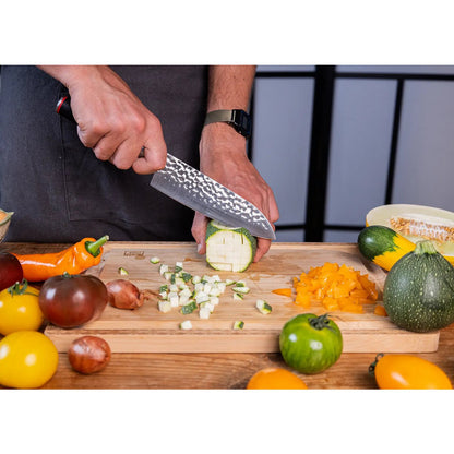 440C steel santoku knife 180 mm - hammered blade with bamboo saya