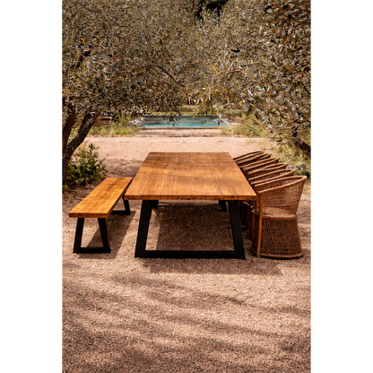 Teak bench with iron legs, 220 cm - reclaimed