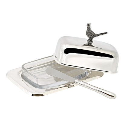 Silver steel butter dish with knife, 18 cm - Pheasant