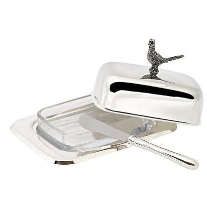 Silver steel butter dish with knife, 18 cm - Pheasant