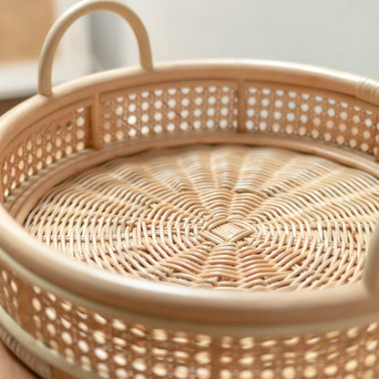 Round rattan tray NEIRA Ø 40 cm - geometric beige