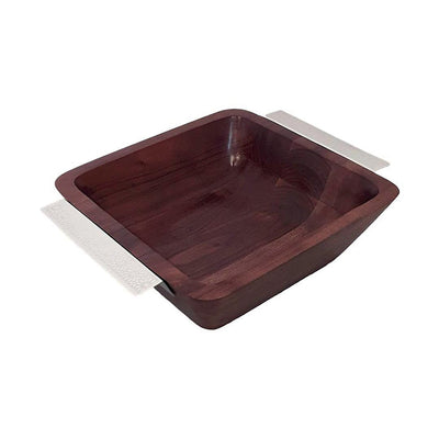 Wood serving bowl with silver handles 25×25×8 cm