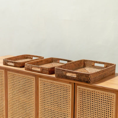 Rattan rectangular tray Amahai M – geometric, brown & red