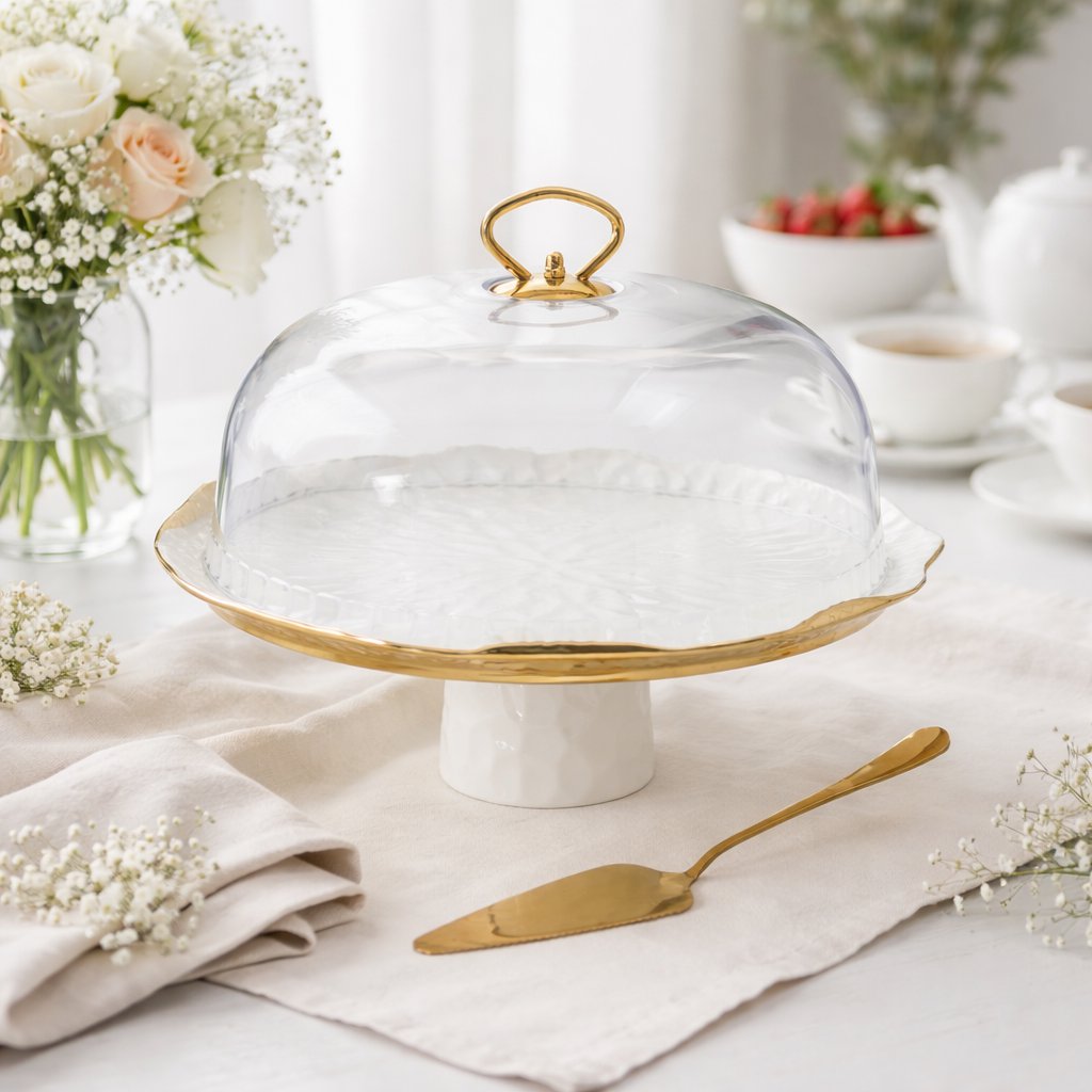 Porcelain cake dome with server - White and gold
