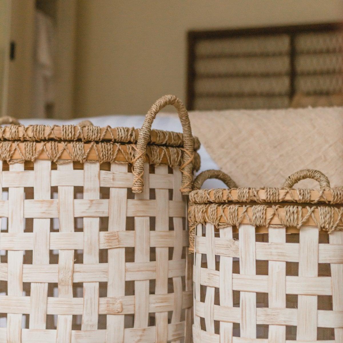 Bamboo & rattan laundry basket IRAYA with lid, 41 cm