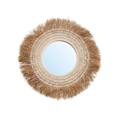 Raffia cowrie wall mirror, 75 cm – beige and brown
