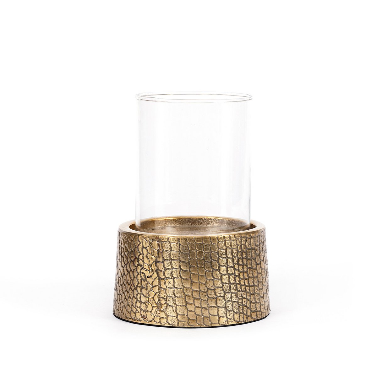 Aluminium croco candle holder with glass, large – brass finish