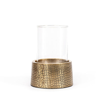 Aluminium croco candle holder with glass, large – brass finish