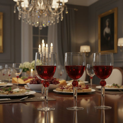 Glass wine glasses with red diamond foot, set of 4