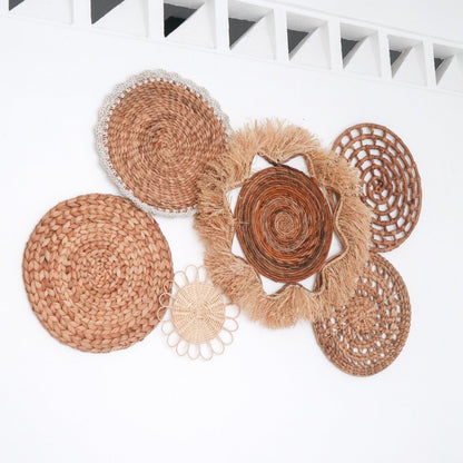 Mixed woven wall decor set of 6 – rattan, raffia & seagrass