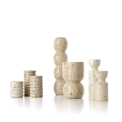 Travertine Hourglass candle holder, beige medium - hand-carved
