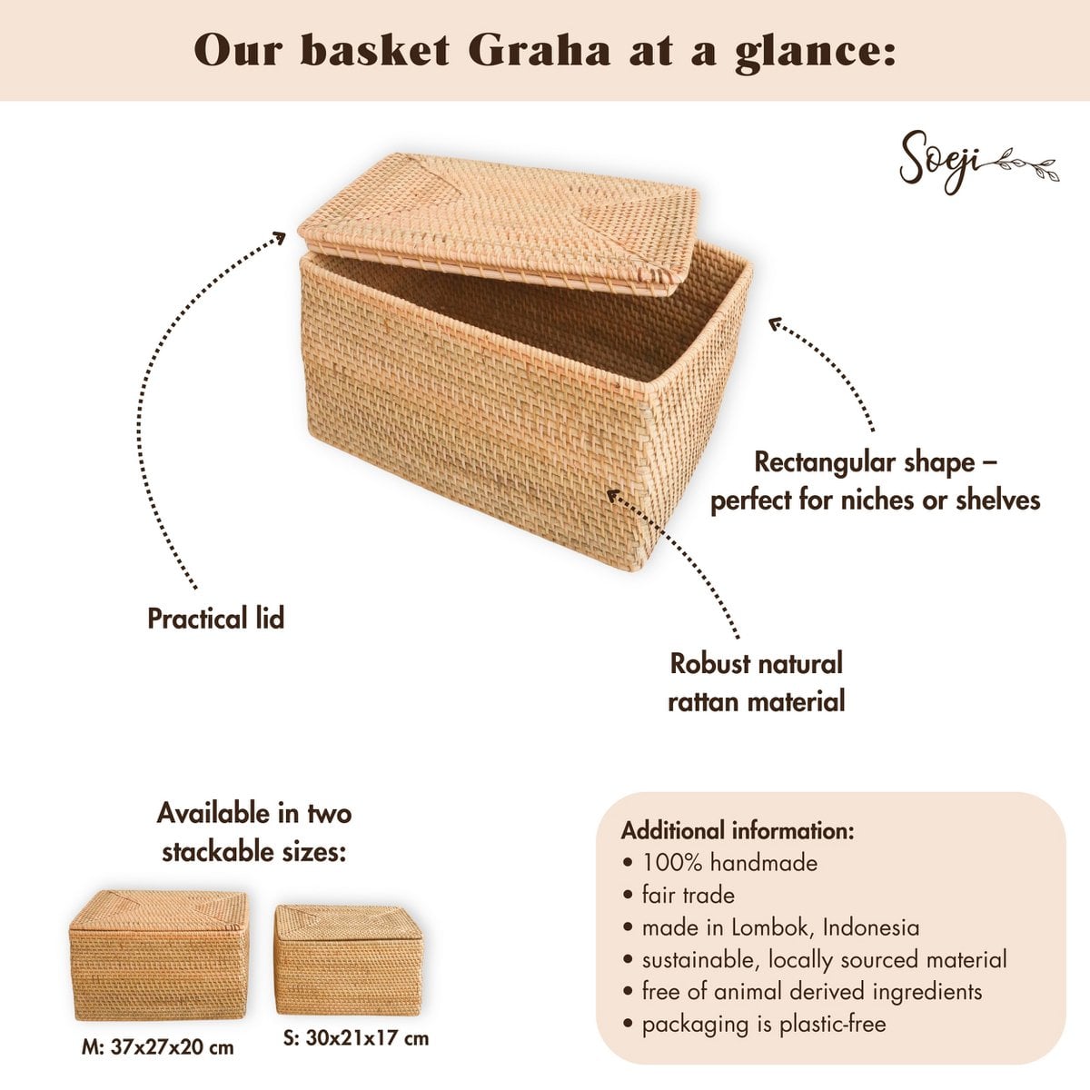 Handwoven rattan shelf basket with lid GRAHA M – 37 × 27 × 20 cm