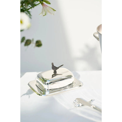 Silver steel butter dish with knife, 18 cm - Pheasant