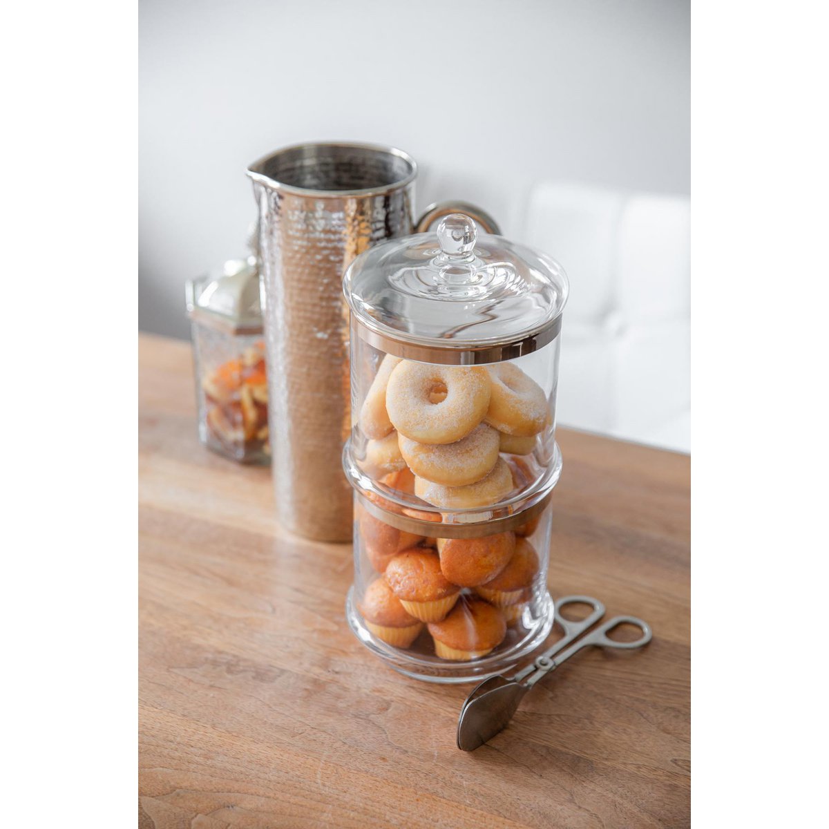 Hand-blown glass jar Lia, 29cm with lid - platinum rim