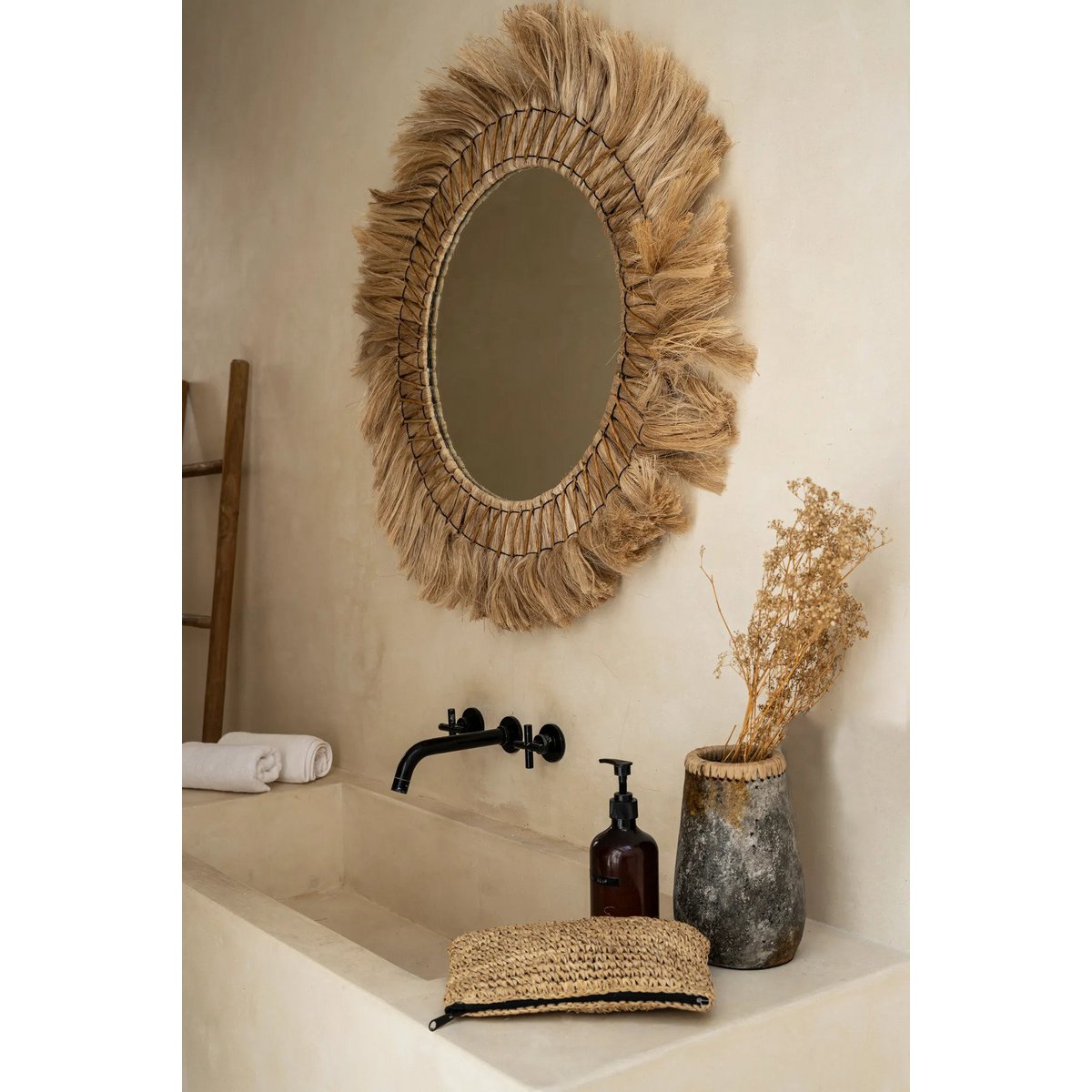Rattan wall mirror, round, 90cm - Natural blonde