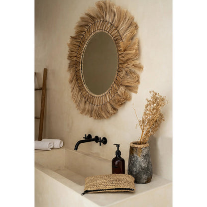 Rattan wall mirror, round, 90cm - Natural blonde