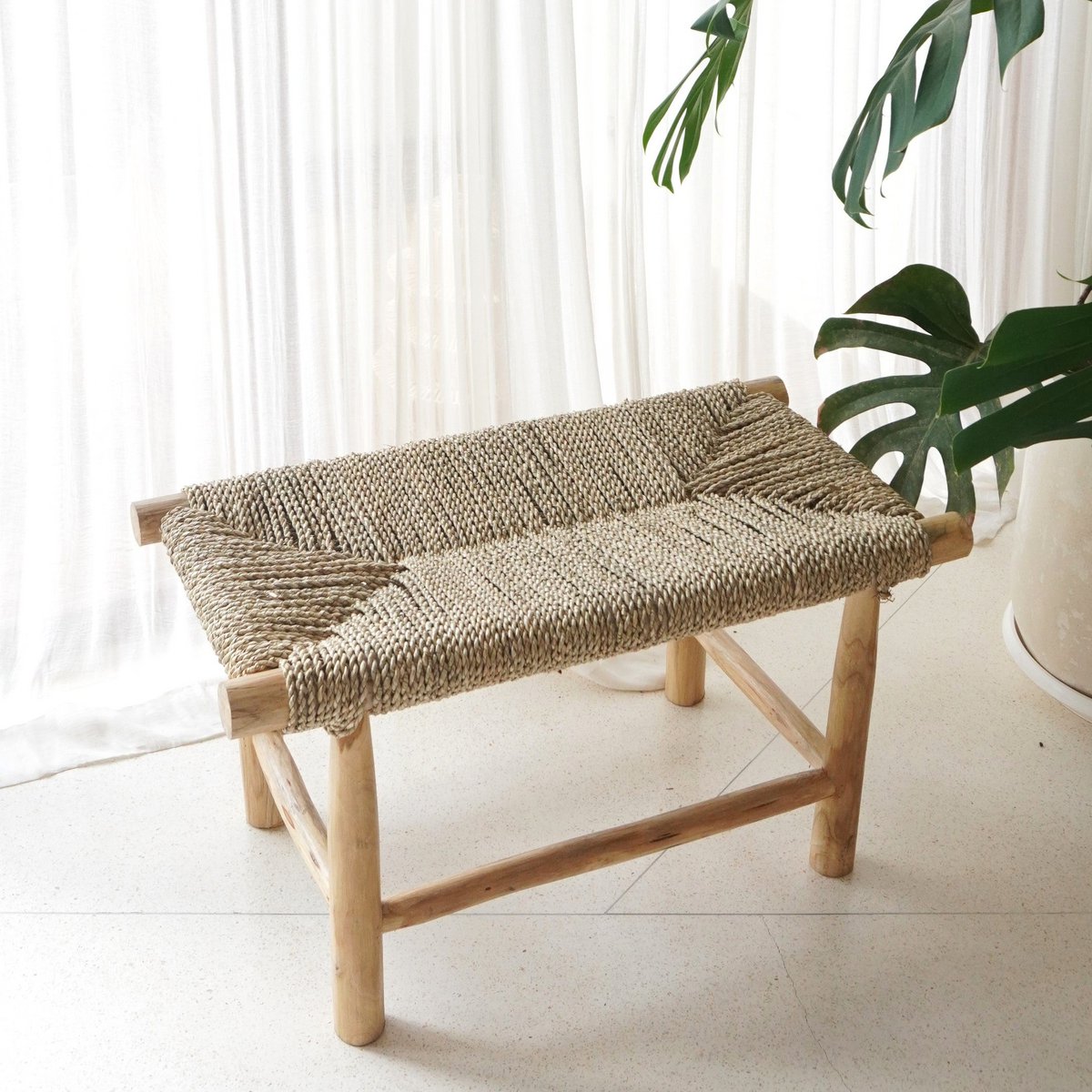Solid wood bench Sungai beige - woven seagrass seat