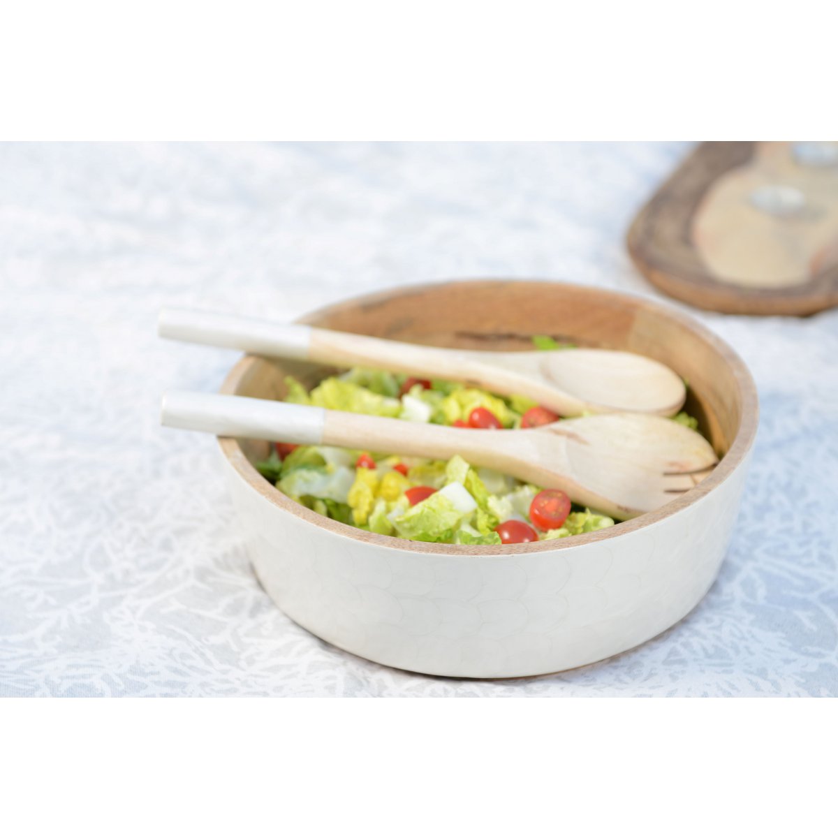 Mango wood salad bowl with servers - handmade