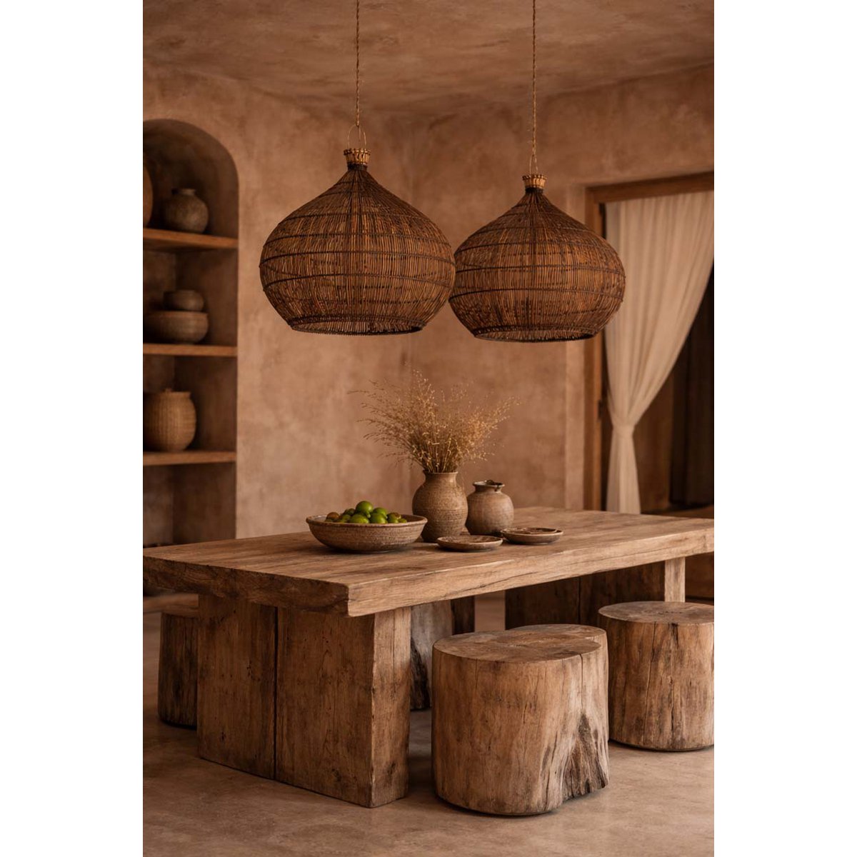 Pendelleuchte aus geflochtenem Rattan, dunkles Nussbaumholz – Mittel
