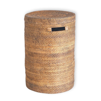 Vasketøjskurv i rattan med låg Ø 36 cm – rund, brun