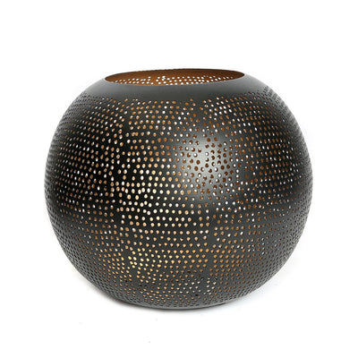 Pierced brass ball candle holder XL – black and gold, 30 cm