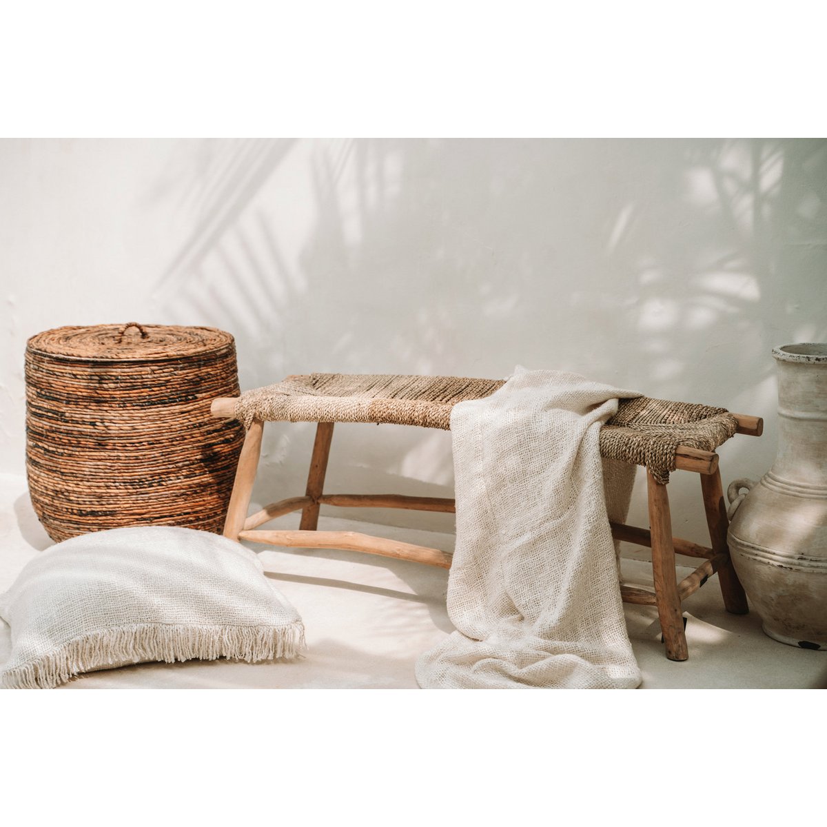 Seagrass and wood bench, 110 cm - handmade