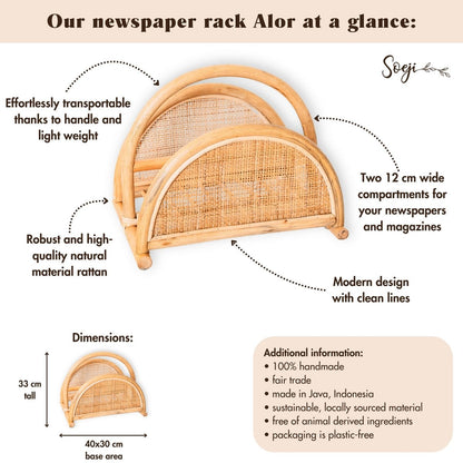 Handwoven rattan magazine rack ALOR - two compartments
