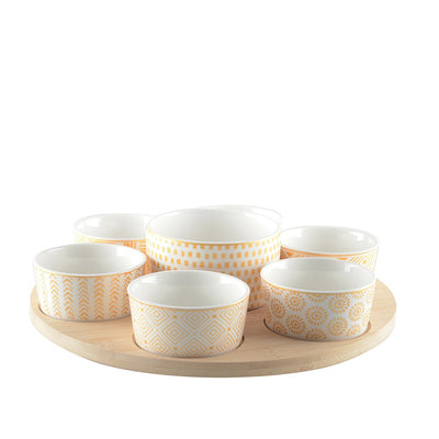 Aperitif set, 7 cups on round wooden tray - 30 cm
