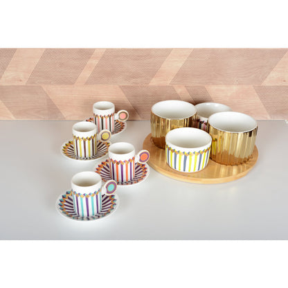 Porcelain aperitif cup set with wooden tray, 4 cups