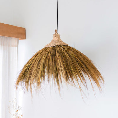 Raffia-Hängeleuchte Ø 53 cm – Fransen-Schirm, Beige, Grün und Braun