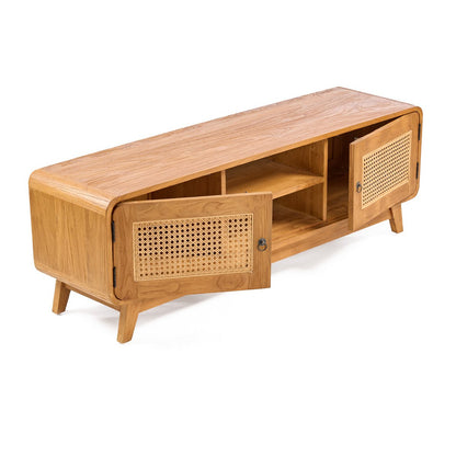 TV cabinet, teak and rattan - natural - 150 cm wide