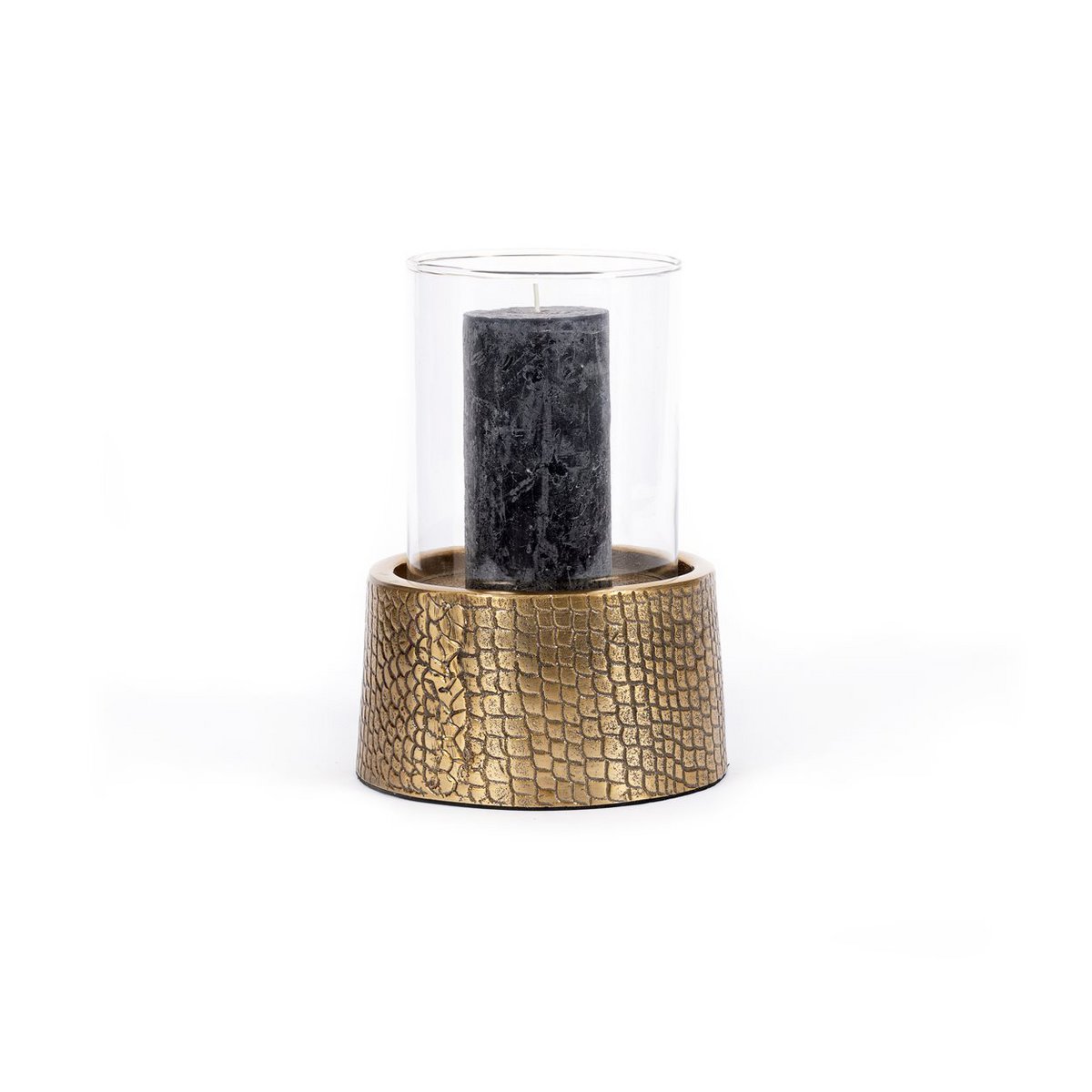 Aluminium croco candle holder with glass, large – brass finish